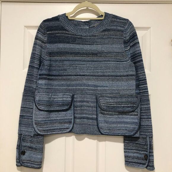 Sportmax Max Mara Blue Striped Knit Oversized Front Pockets Crewneck Sweater S/M - Picture 1 of 14